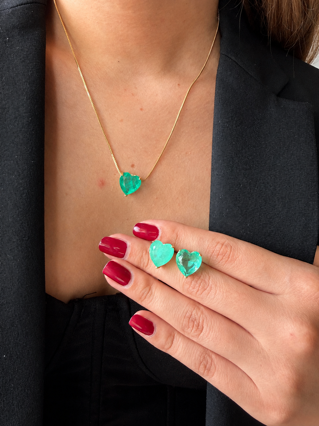 Set Corazón con esmeralda de laboratorio 12mm